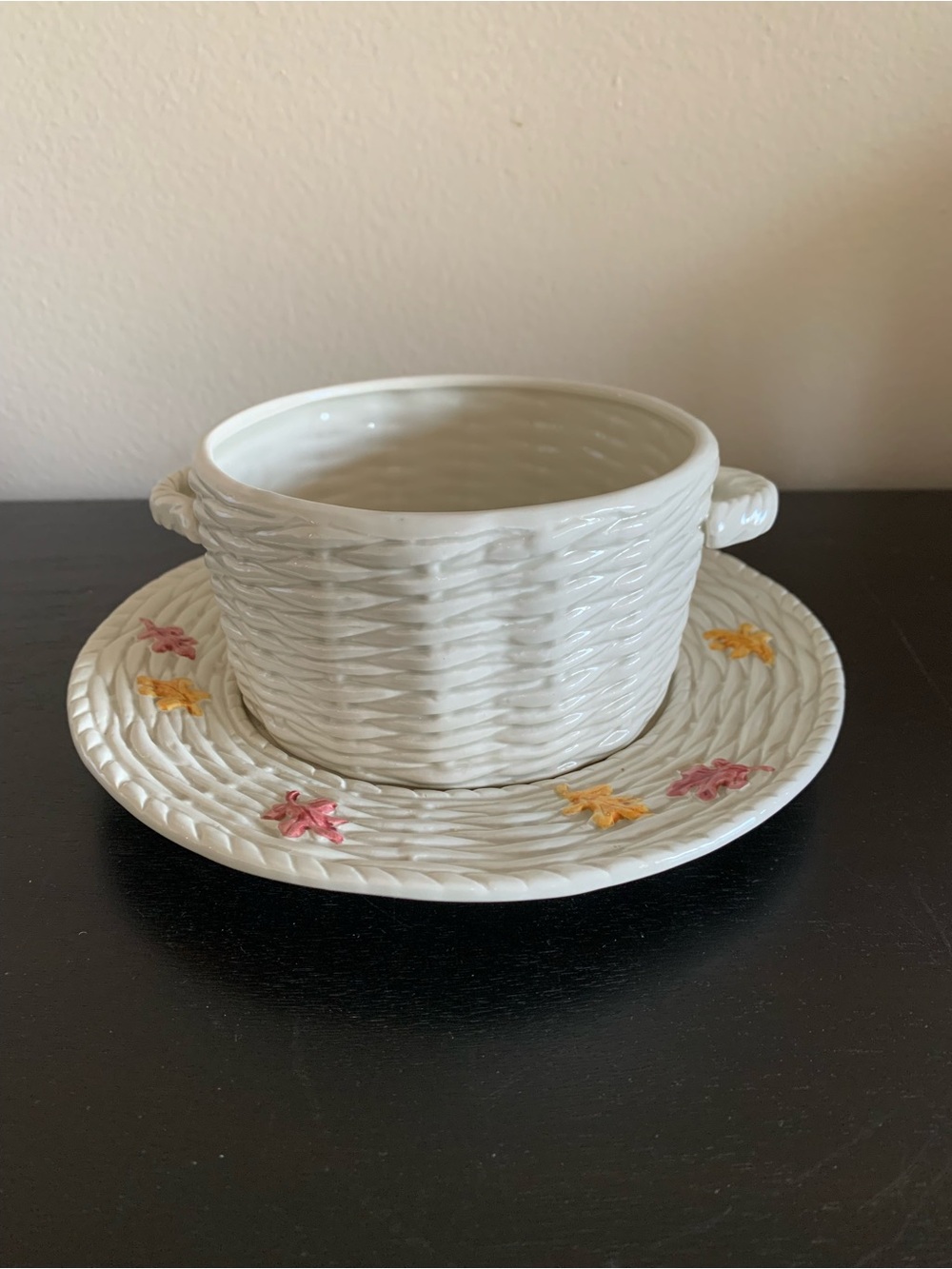 Bowl and Dish from Fitz and Floyd Basket weave Autumn Leaves Fall Thanksgiving